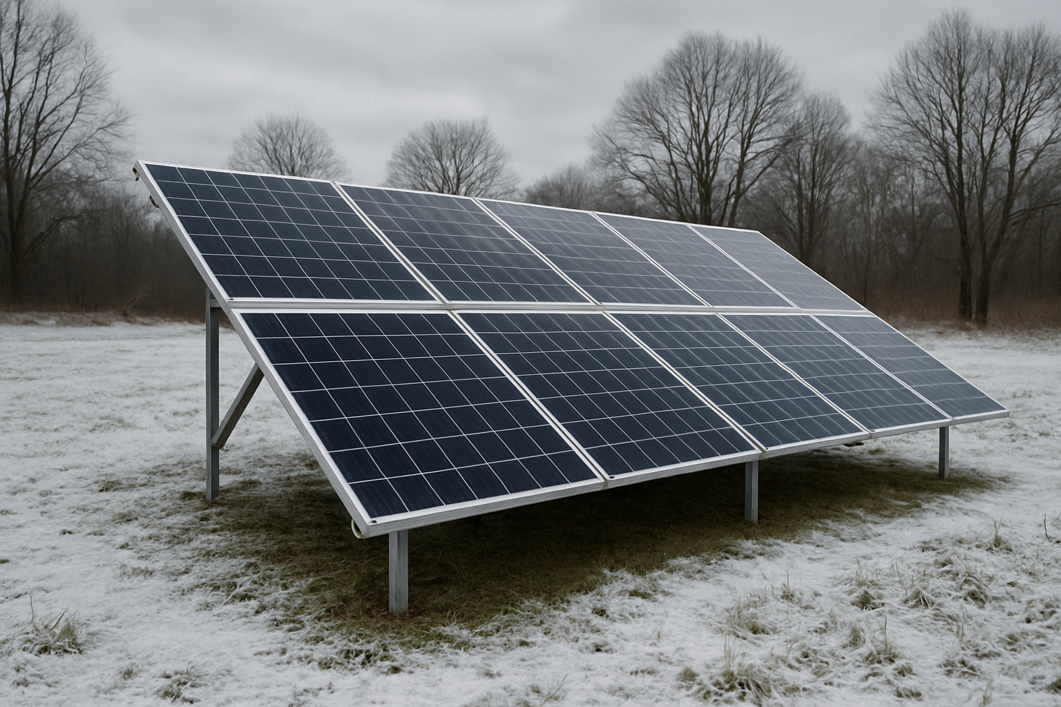 A modern solar panel installation at the beginning of winter Light frost and a thin layer of snow around the panels with some green grass still visible Bare trees in the background A cloudy overcast sky creates a cold winter atmosphere Professional r-1