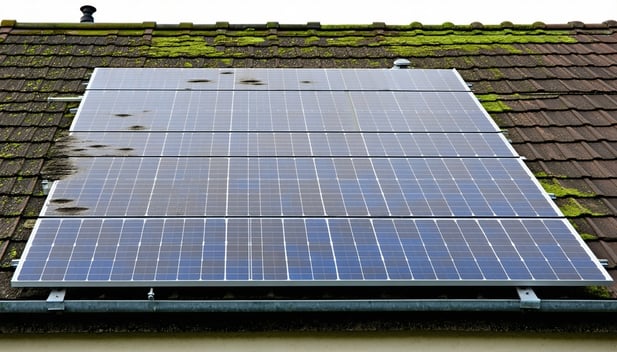 A residential rooftop solar panel system on a house heavily soiled with thick layers of dirt dust moss and bird droppings The panels appear very dirty dull and neglected Overcast lighting realistic environment high detailMchtest du noch einen Verglei-2