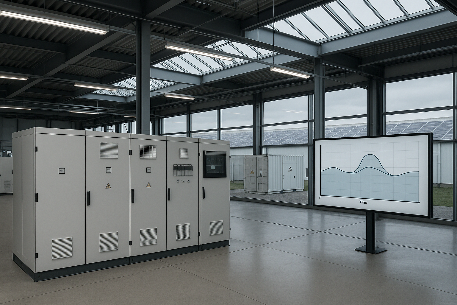 Industriehalle mit EMS-Monitor zur Lastglättung und BESS-Container neben PV-Dach