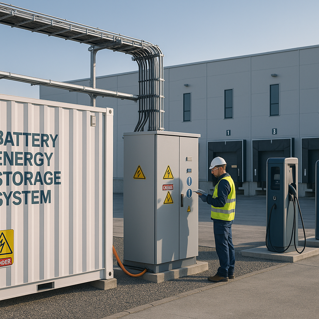 Industriehof mit BESS‑Container, Schaltschrank, EV‑Ladern und Logistikhalle; Techniker prüft Anlage